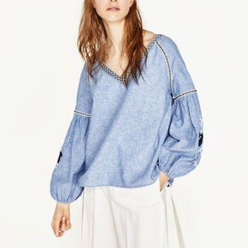 Zara Blue Blouse with Embroidered Details